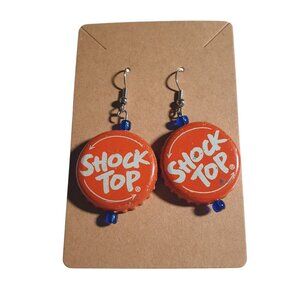 Shock Top Bottle Cap Earrings Vintage Handmade Orange Blue Beads Hooks Novelty